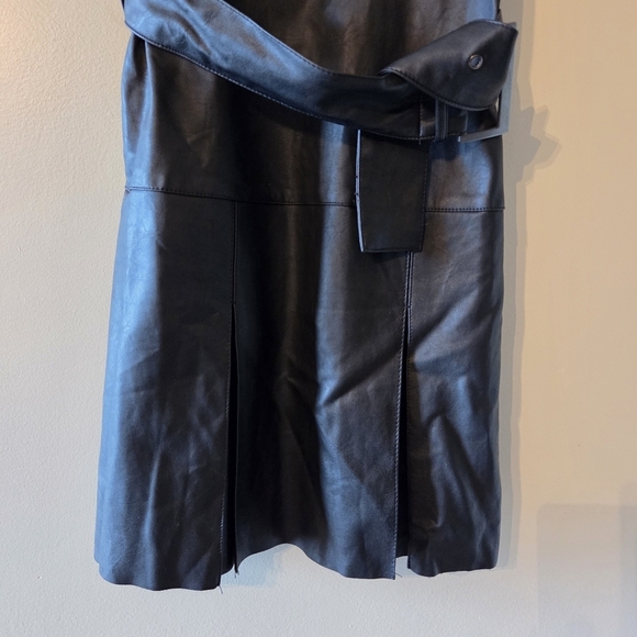 Free People Pleated Vegan Leather Boho Mini Buckle Moto Biker Black Dress Size 0 - Picture 8 of 13